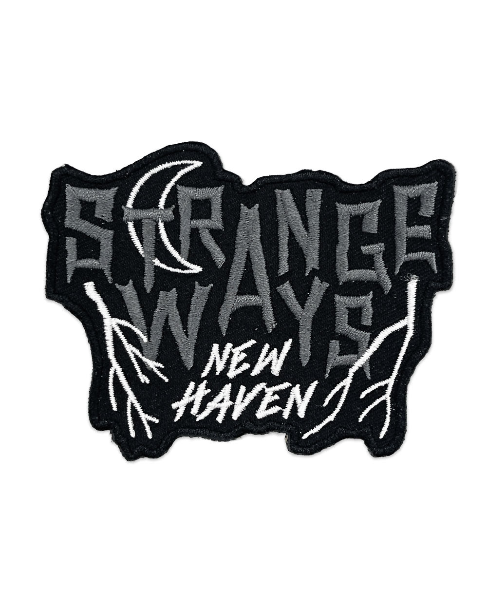 Black embroidered patch with 'STRANGE WAYS' and 'New Haven' in gray/white