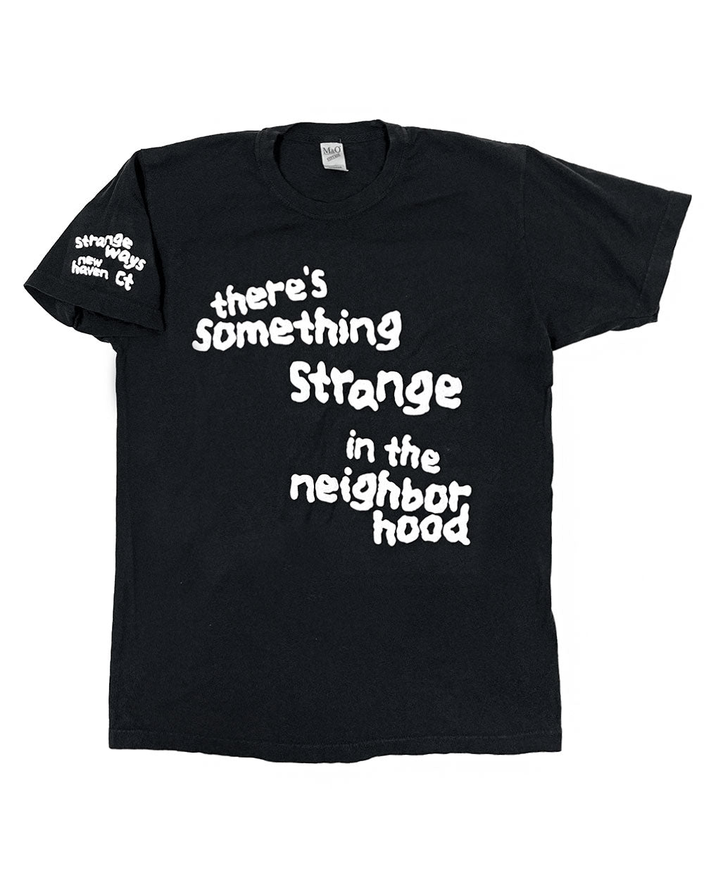 Black unisex T-shirt with centered white typographic “something strange” design