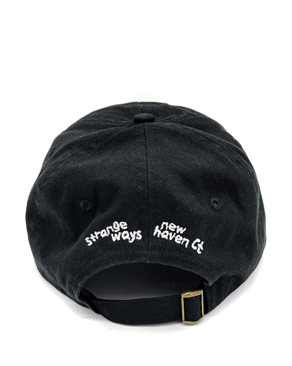 Black dad hat back view with embroidered text and adjustable strap with gold buckle
