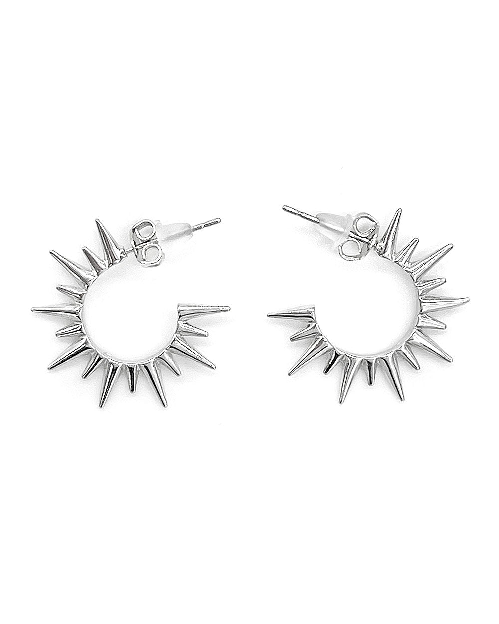 Silver hoop earrings with spiked sunburst design and hinged post backs