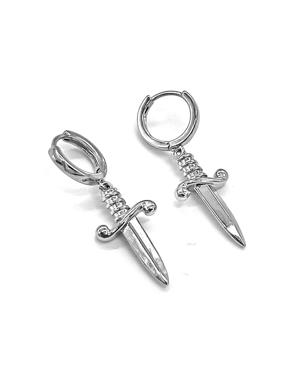 Silver-tone sword dangle hoop earrings, side view with engraved hilt details