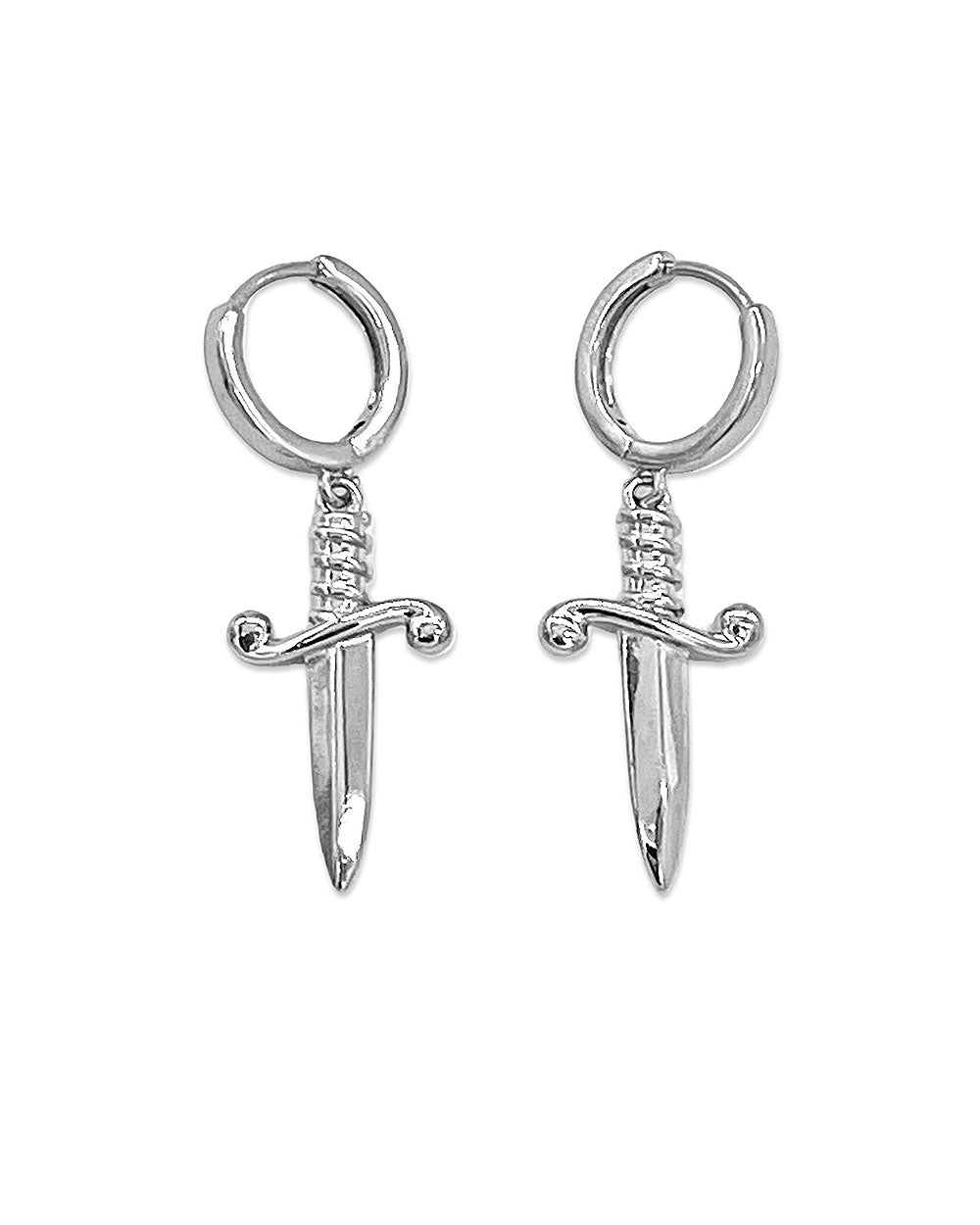 Silver-tone sword drop hoop earrings with pointed blade and small cross guard