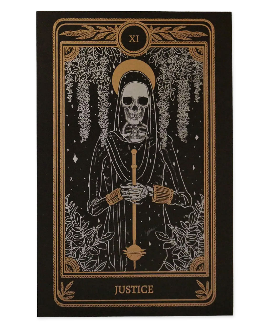 Justice tarot art print featuring skull figure holding scales, gold frame on black