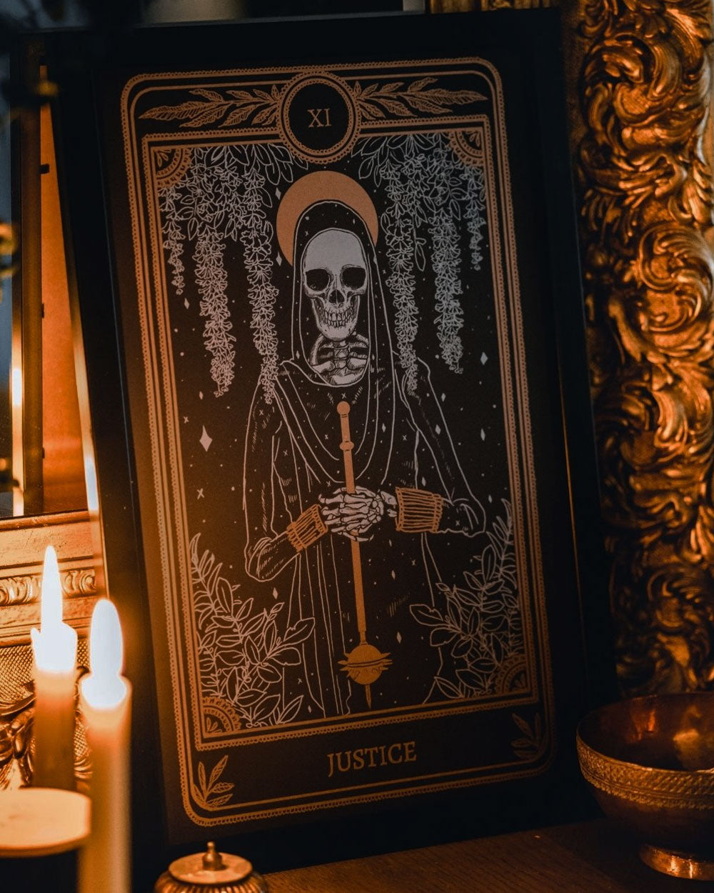 Tarot card art print with Justice skeleton figure, ornate gold border on dark background