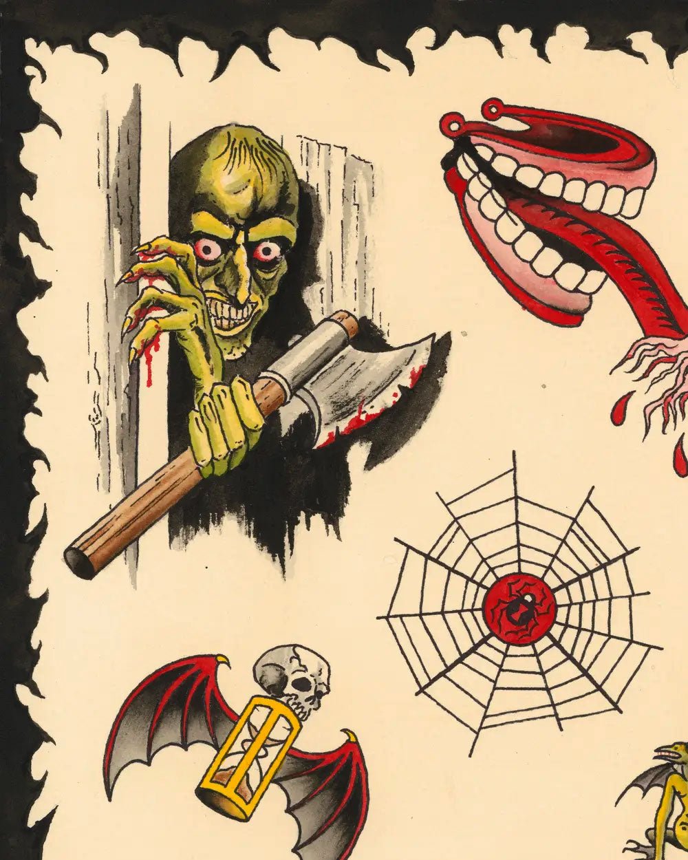 Halloween horror tattoo flash art print with zombie face, red bat wing, and spiderweb wheel
