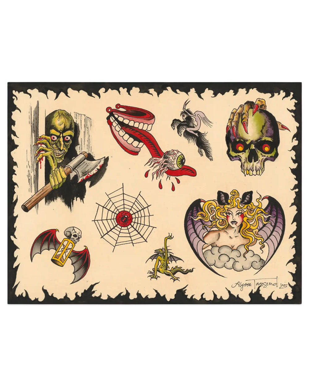 Halloween horror tattoo flash art print with skulls, claws, and red mouth design, 11x14