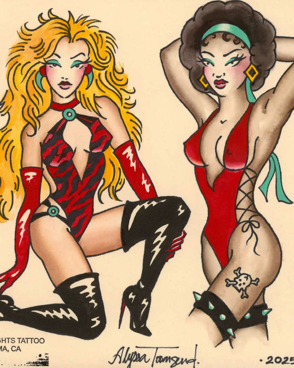 Vintage pinup tattoo flash art print, two pinup girls with red outfits and visible tattoos