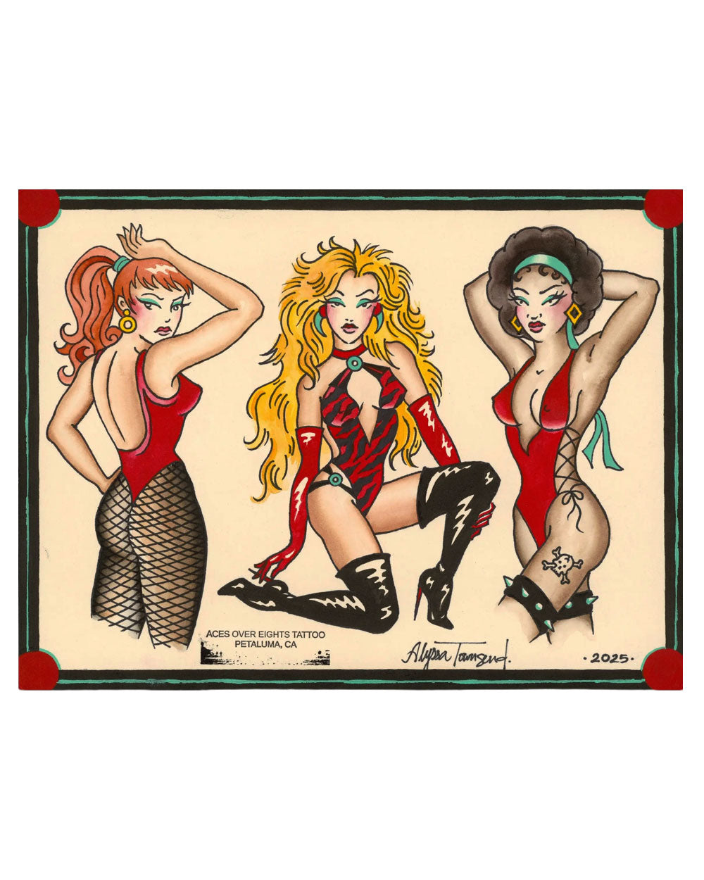 Vintage pinup tattoo flash art print, three pinup girls with red outfits and tattoos