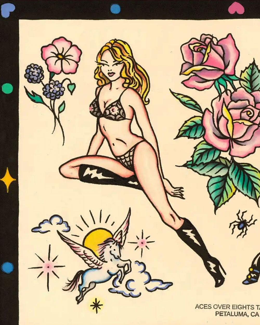 Tattoo flash art print with pin-up woman, roses, unicorn head, and stars; 11x14