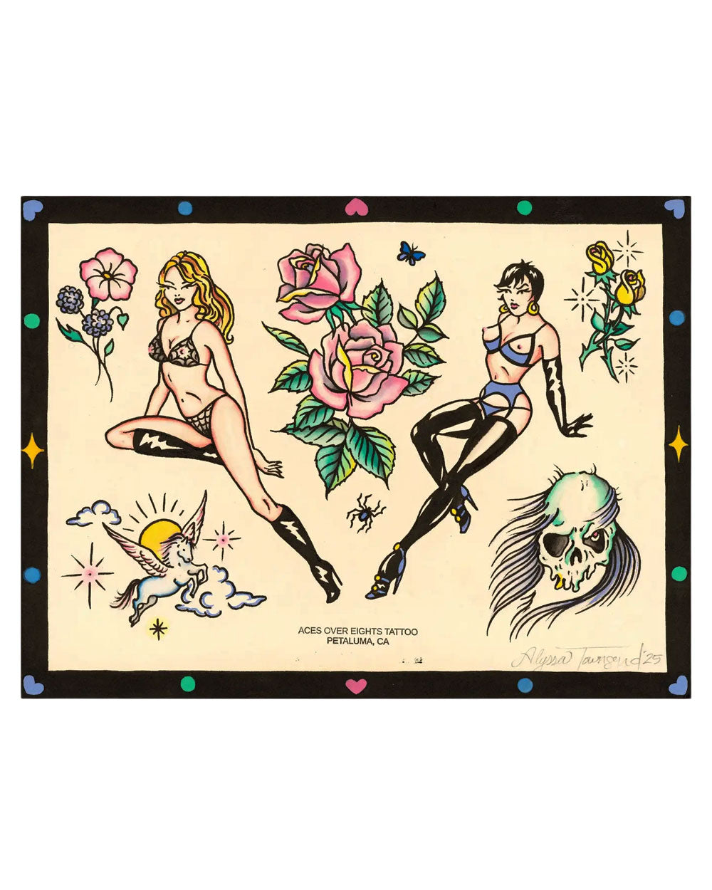 Tattoo flash art print featuring two pin-up figures, roses, demon horse, and butterflies; 11x14