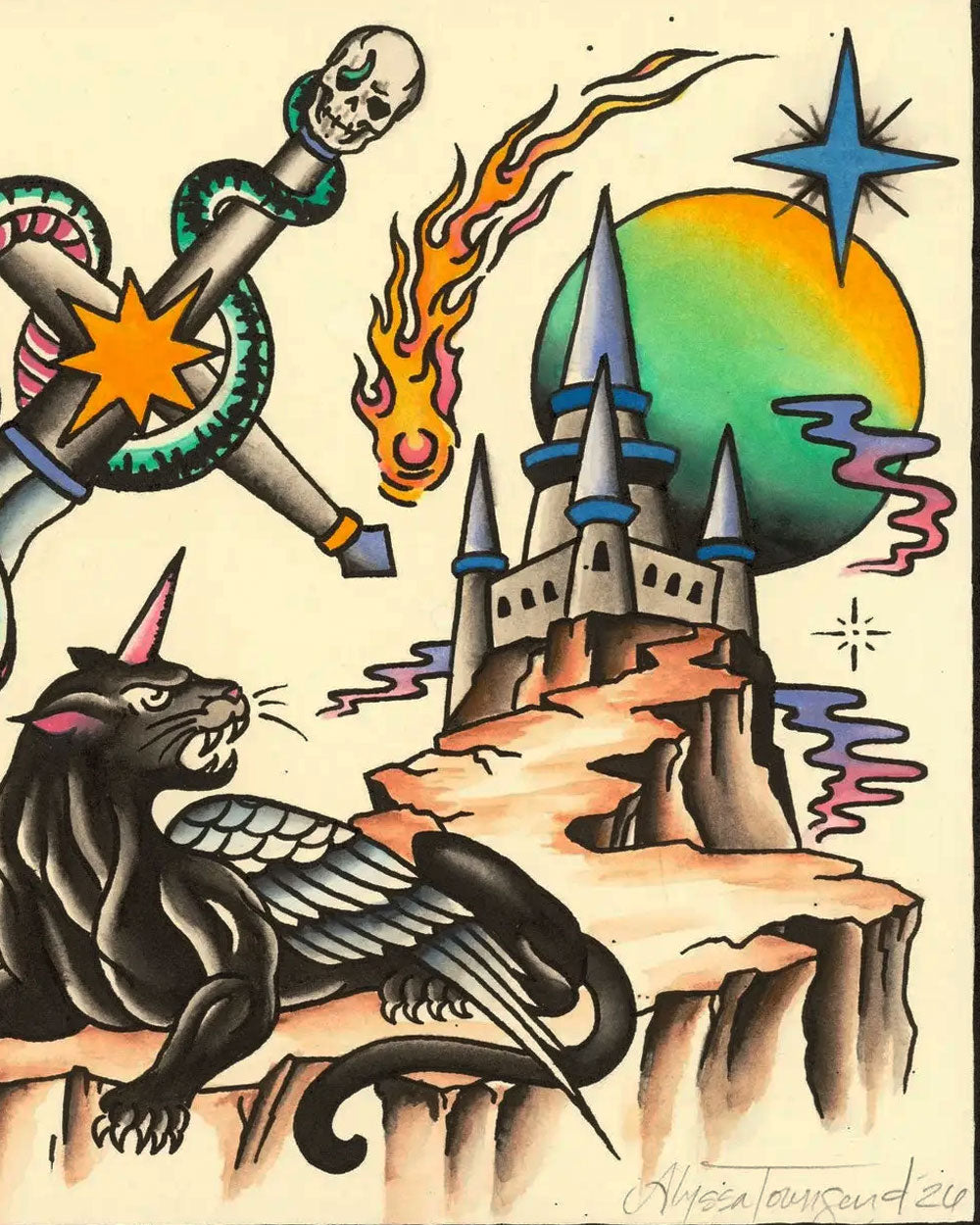 11 x 14 in tattoo flash art print with wizard, castle, cats, wand and flames