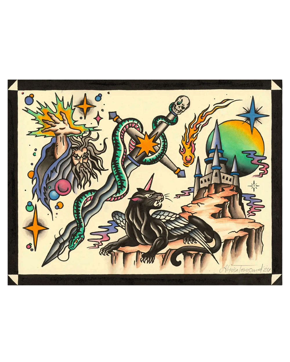 11 x 14 in tattoo flash art print with border, wizard, wand, flaming sword and castle