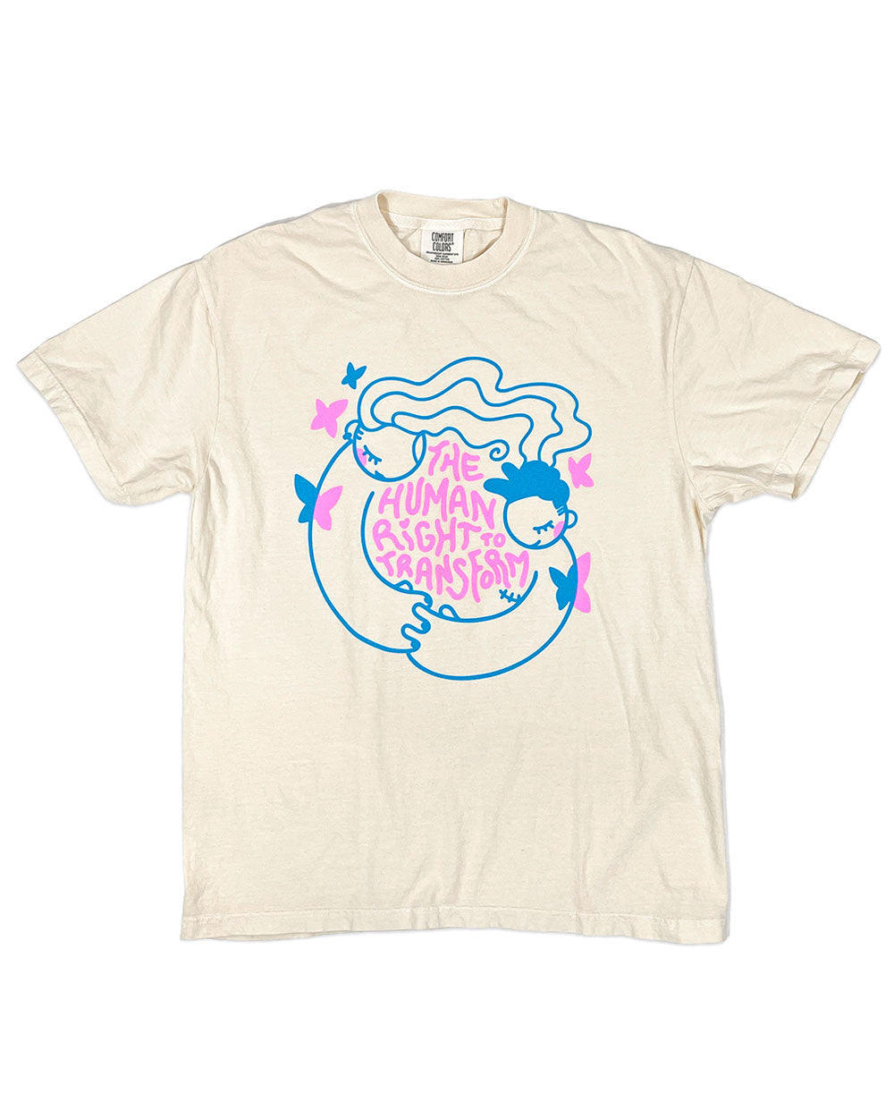 Unisex cream T-shirt with colorful 'Human Right Transform' graphic on front