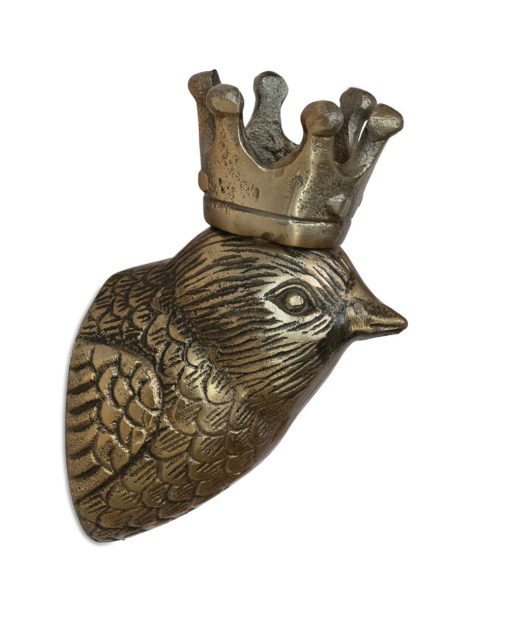 Bronze-tone bird head wall sculpture with crown, detailed eye and feather pattern