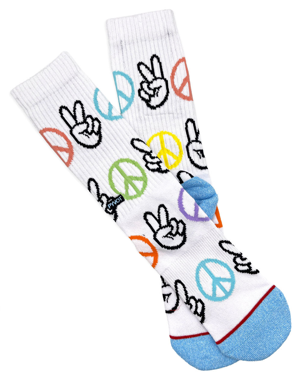 White crew socks with peace-hand and peace-sign graphics, colorful blue toe trim