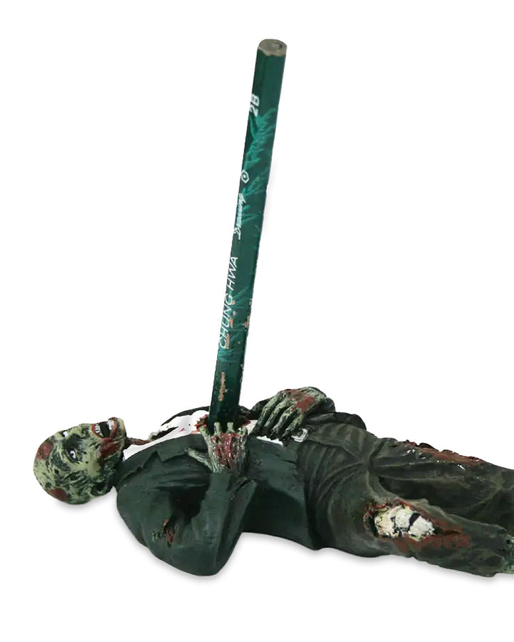 Zombie pen/pencil holder, green arm holding a vertical pen with stitched face