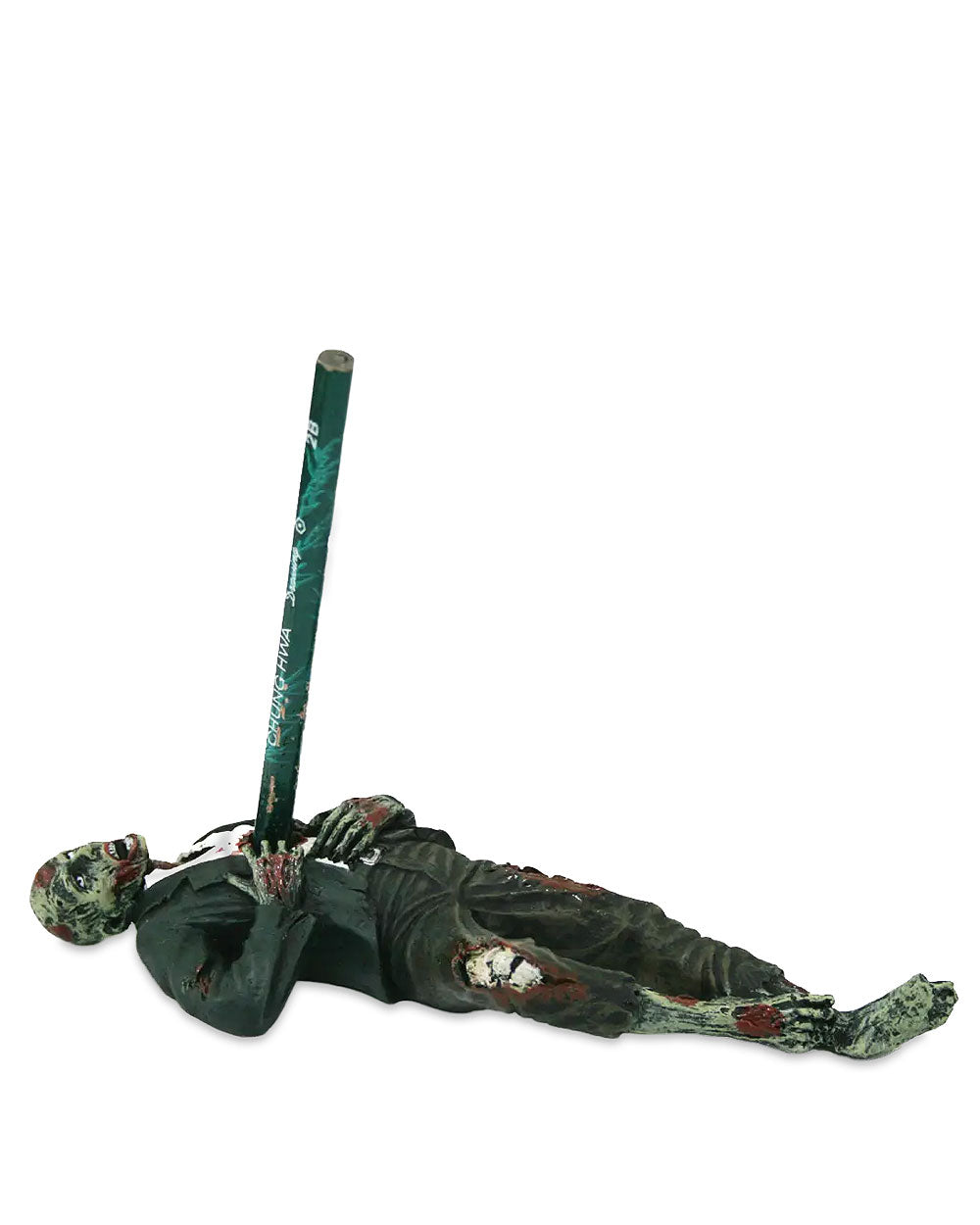 Zombie pen/pencil holder with green stitched body and a standing pen support