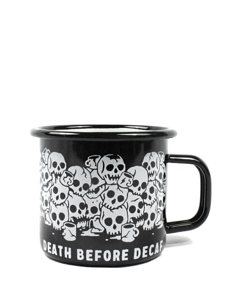 Death Before Decaf Enamel Coffee Mug-Pyknic-Strange Ways