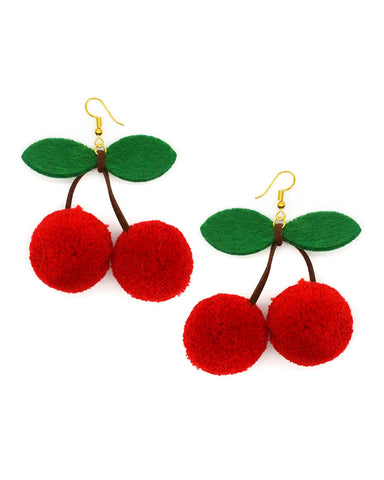 Twin Cherries Pom Felt Earrings