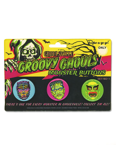 Groovy Ghouls Monster Pinback Button Set #1 (Set of 3)