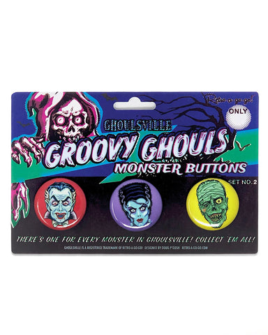 Groovy Ghouls Monster Pinback Button Set #2 (Set of 3)