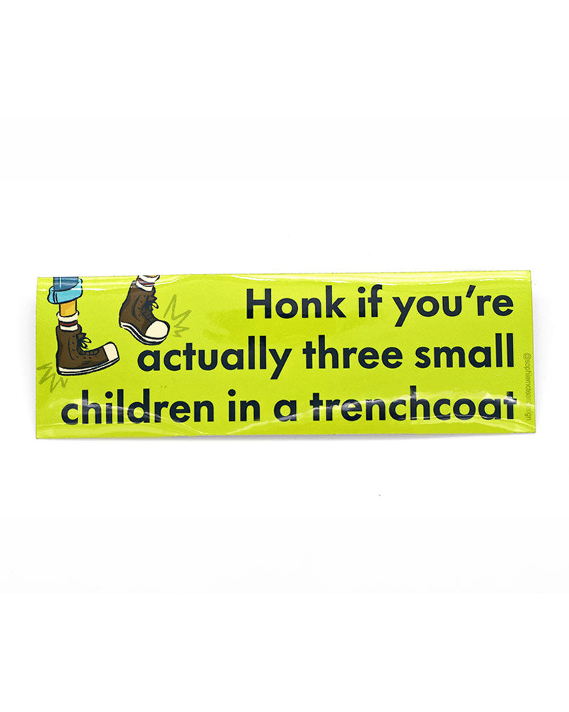 Three Children In A Trenchcoat Small Bumper Sticker-Sophie McTear-Strange Ways